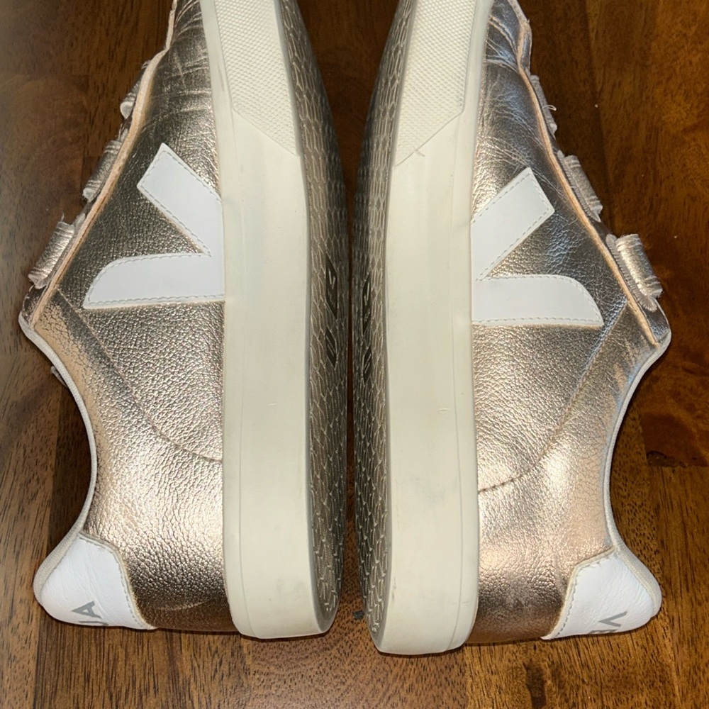 Veja Metallic Rose Gold Velcro Sneakers with White V Logo - Picture 7 of 12